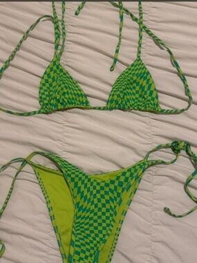Frankie's Bikinis Green and Lime Checkered Triangle Bikini